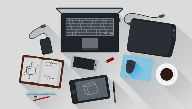Illustration d'un bureau avec portable, tablette et autres appareils électroniques